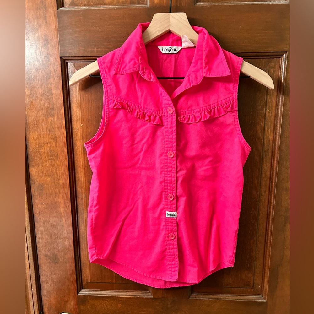 BONJOUR VTG 80s Hot pink button front sleeveless shirt. Size 12